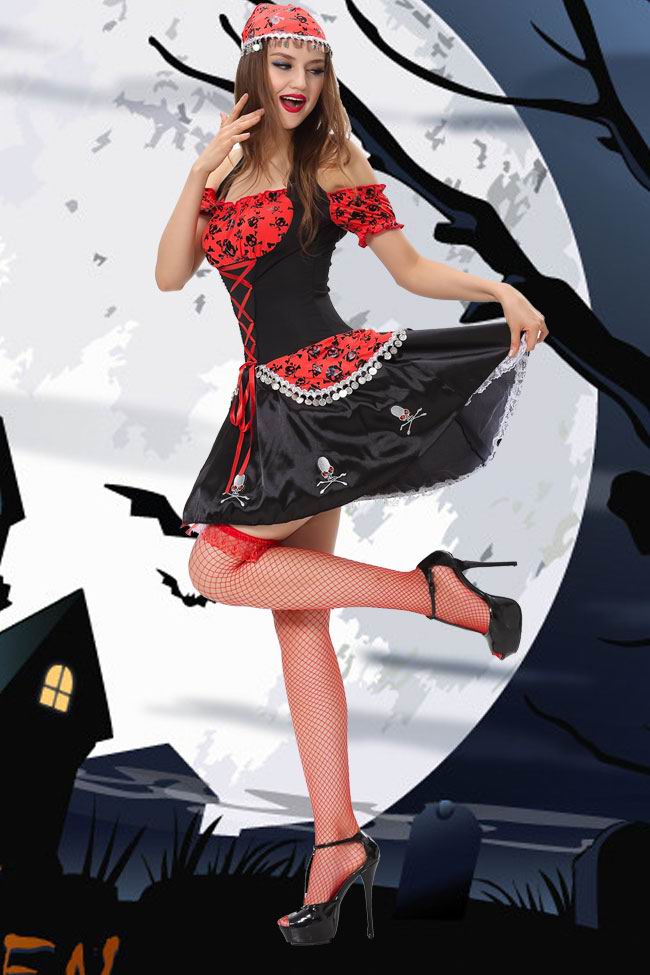 F1441 Black Red Skull Lady Pirate Costume.